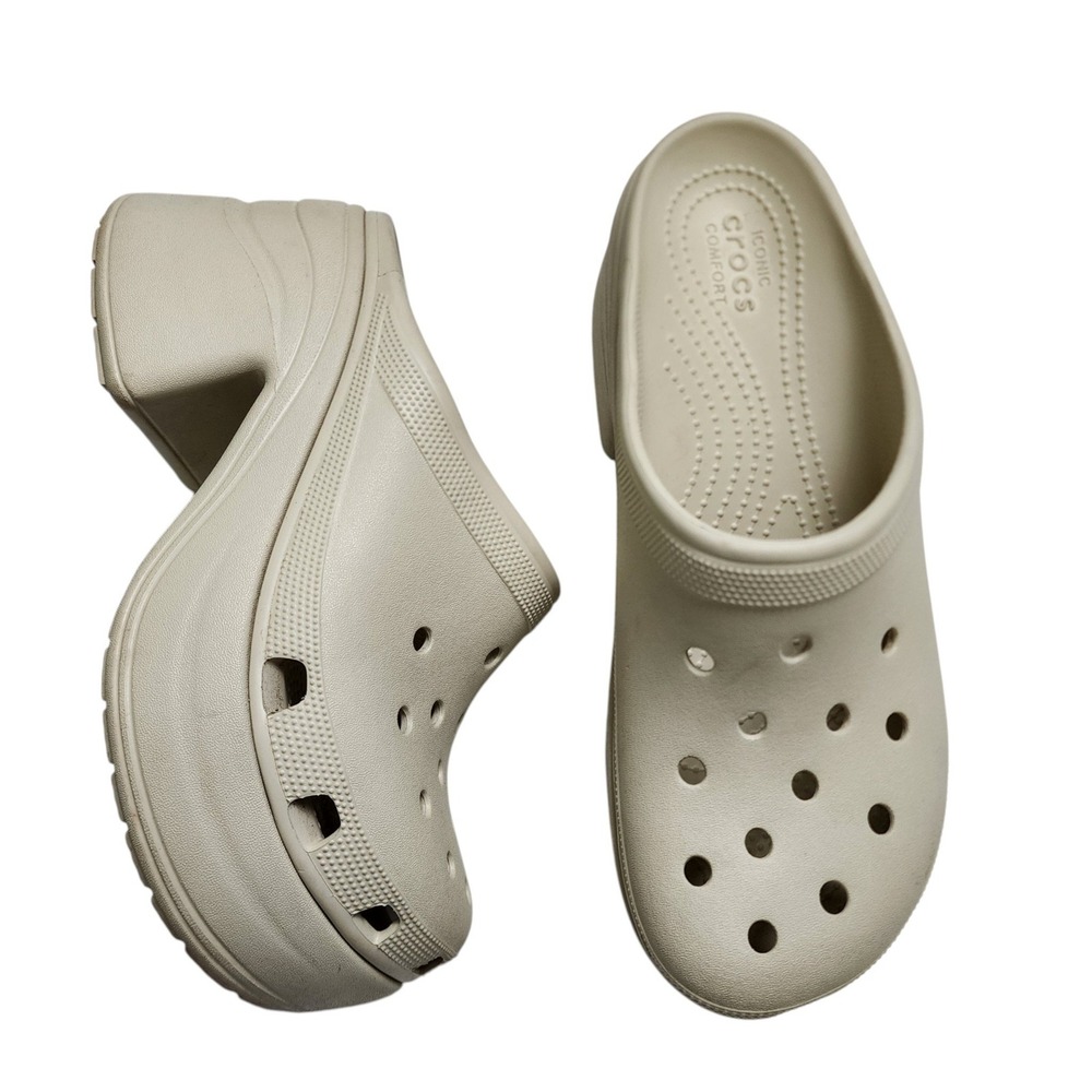 Crocs Womens Crocs Siren Heeled Clogs Bone Ivory Size 12 Platform Chunky Mules